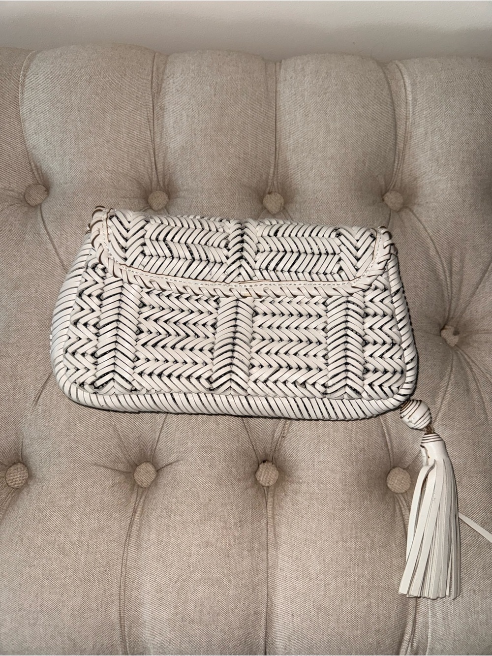 Anya Hindmarch Chalk White Neeson Woven Leather Flap Clutch Tassel Bag - Picture 3 of 13